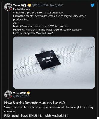 Huawei: P50, Mate X2 and MatePad unveiled by an internal document