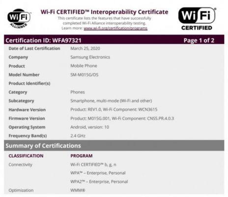 Le Samsung Galaxy M01 a obtenu la certification Wi-Fi : Android 10 confirmé
